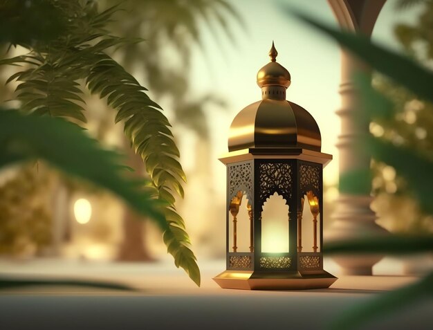 Фонарь с включенным светом и надписью рамадан на нем