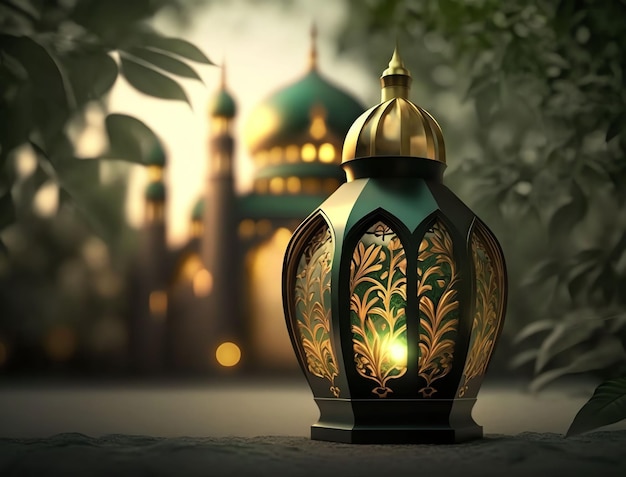 A lantern with the lights on and the word ramadan on it