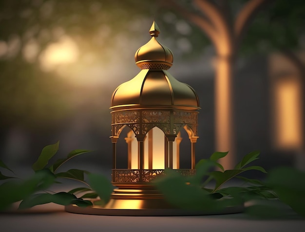 A lantern with the lights on and the word ramadan on it