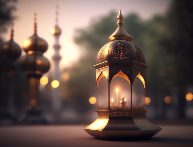 A lantern with the lights on and the word ramadan on it