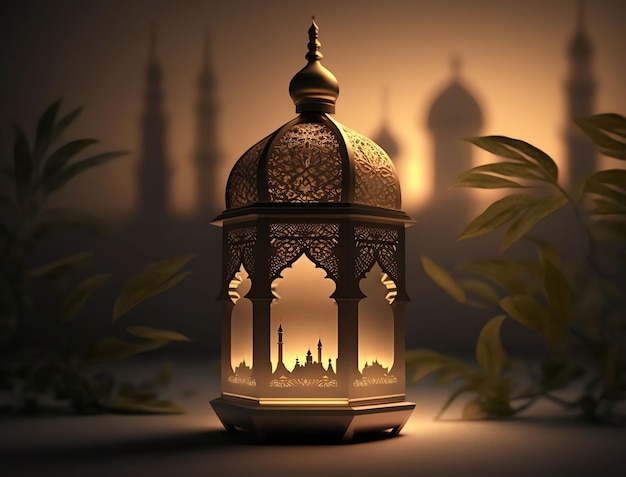 A lantern with the lights on and the word ramadan on it