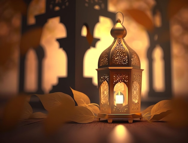 A lantern with the lights on and the word ramadan on it