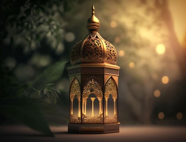 A lantern with the lights on and the word ramadan on it