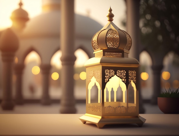 Фонарь с включенным светом и надписью рамадан на нем
