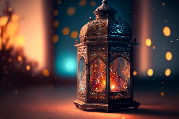 A lantern with the lights on and the word ramadan on it