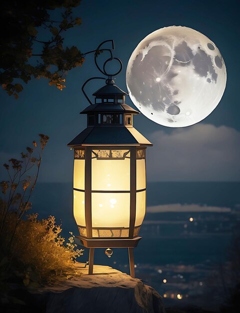 A lantern with the moon in the background ai generated