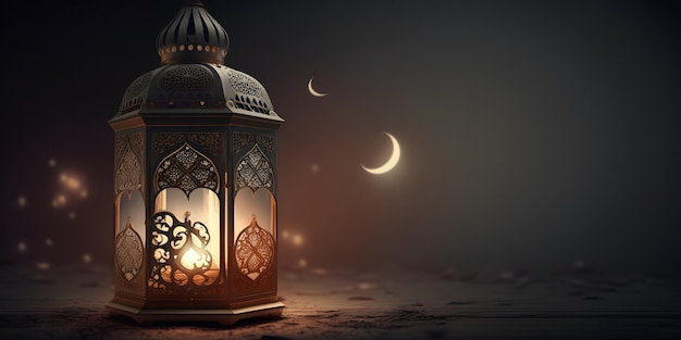 A lantern with the moon in the background for ramadan and eid template