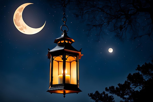 a lantern with a moon in the background and a tree branch in the background