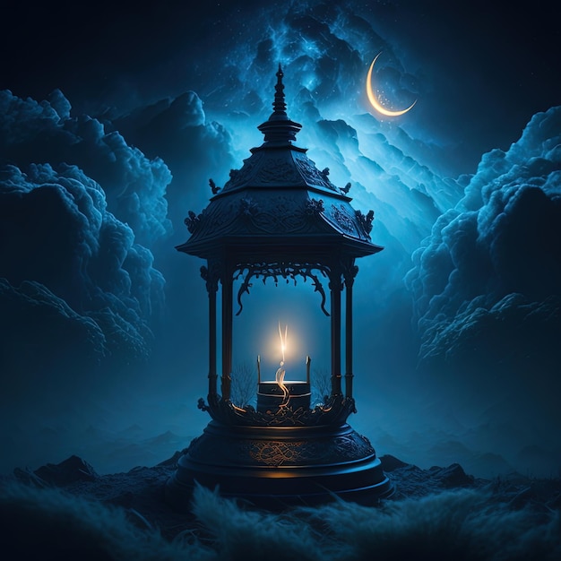 A lantern with the moon in the background