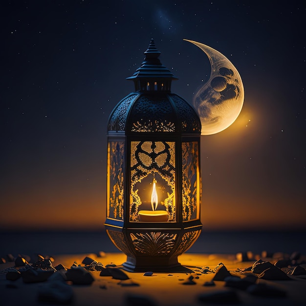 A lantern with a moon in the background