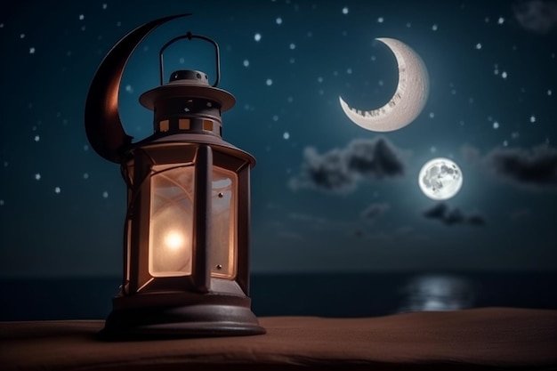 A lantern with the moon in the background