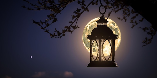 A lantern with the moon behind it