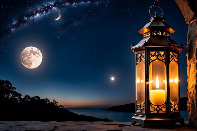 a lantern with the moon behind it