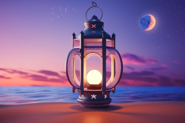 A lantern with a moon and the moon in the background