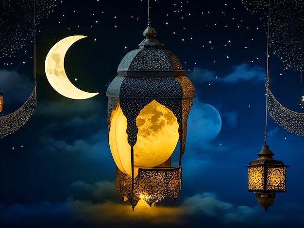 Photo a lantern with a moon and a moon in the background