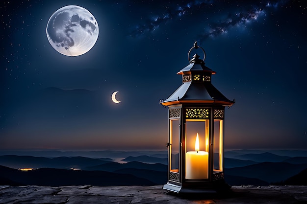 a lantern with the moon in the sky