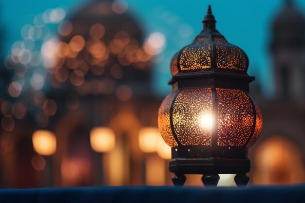 A lantern with the name ramadan in the background generative ai