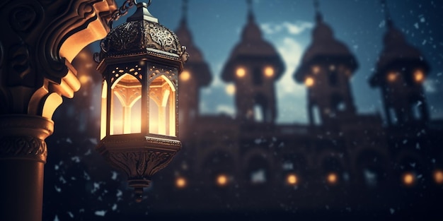 Lantern with night light background for the muslim feast of the holy month of ramadan kareem