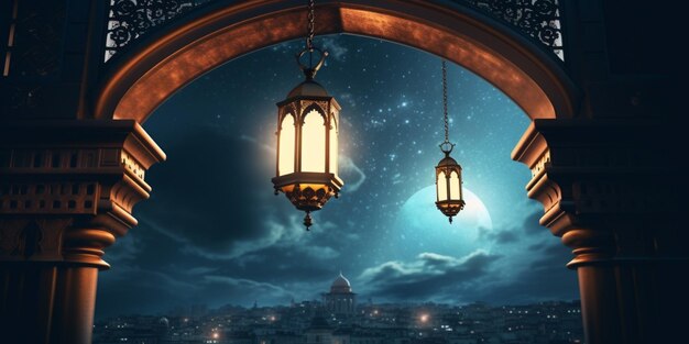 Lantern with night light background for the muslim feast of the holy month of ramadan kareem