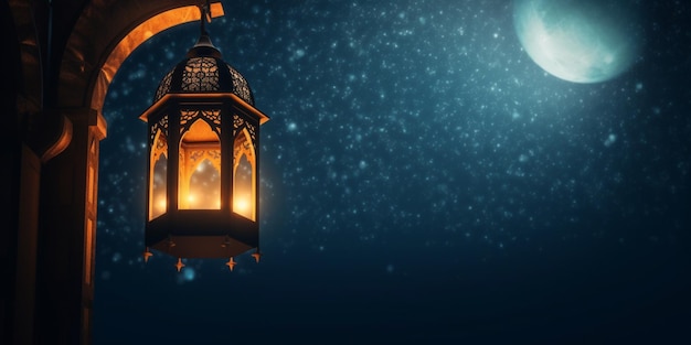 Lantern with night light background for the muslim feast of the holy month of ramadan kareem