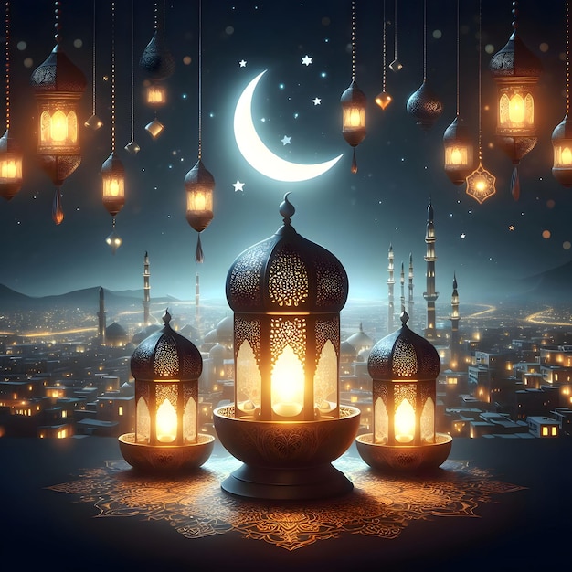 AIで生成された月とモスクの背景に夜景のあるランタン