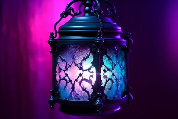 A lantern with purple and blue lights and the word light on it