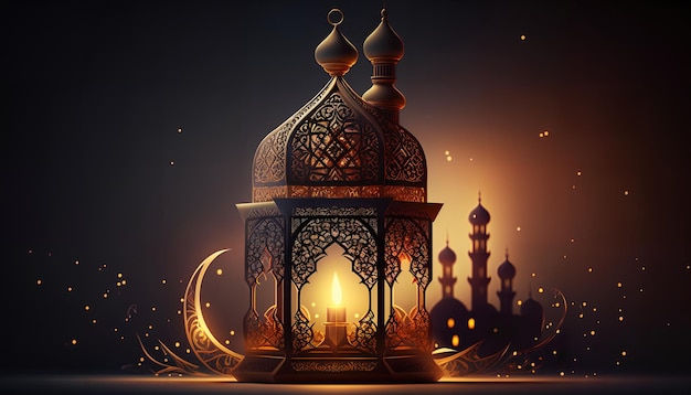 A lantern with Ramadan on background