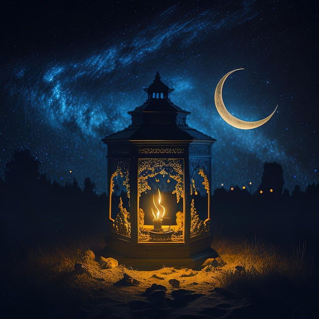 A lantern with a starry night sky and a fire place.