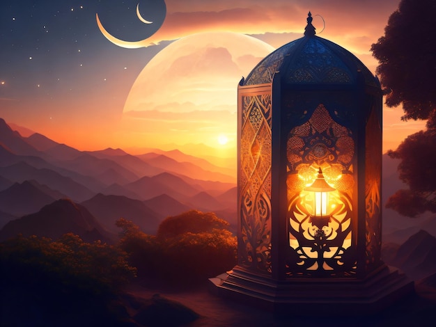 A lantern with the sun setting behind it