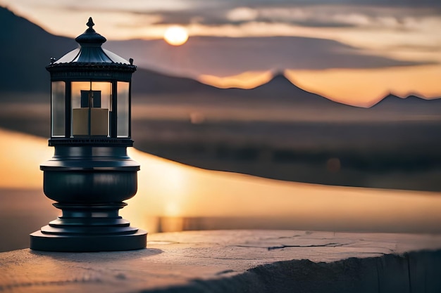 A lantern with the sun setting behind it