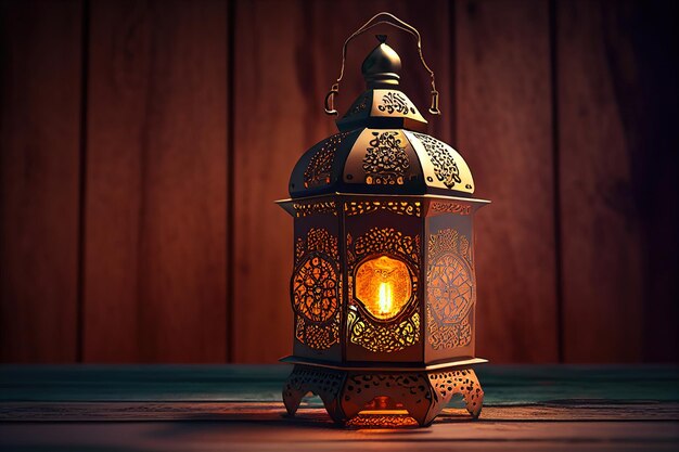 Lantern on wood background. Ramadan Kareem greeting card.