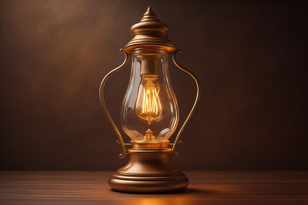 Lantern on a wooden table and a dark background ai generative