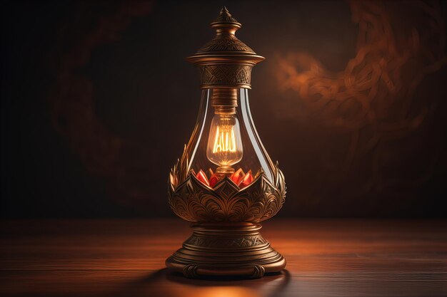 Lantern on a wooden table and a dark background ai generative