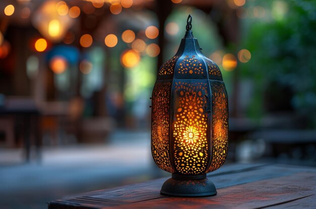 Lantern on wooden table