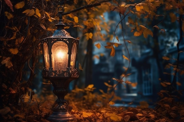 A lantern in the woods with the word cemetery on the bottom