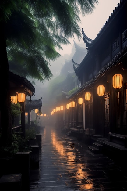 lanterns are lit up on a rainy street in a chinese village generative ai