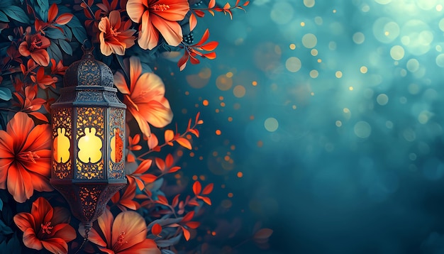 Lanterns on the background of a blooming tree Islamic background eid banner