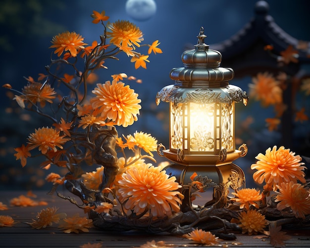 Lanterns and Chrysanthemum for Mid Autumn Festival Background