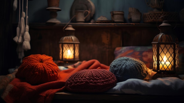 Lanterns in a cozy room Cozy room with lantern lights