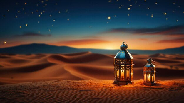 Lanterns in the desert Ramadan Kareem background