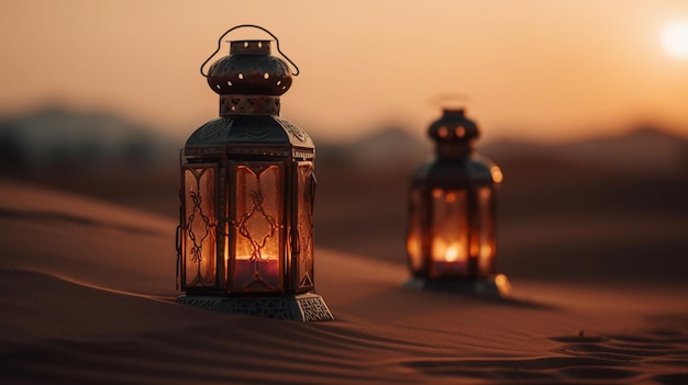 夕暮れ時の砂漠のランタン