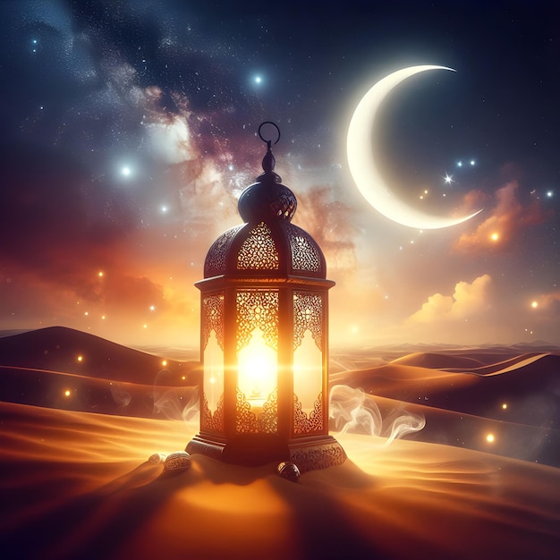 사막 위에 반달과 은하를 배경으로 한 등불, 라마단 카림과 이드 알