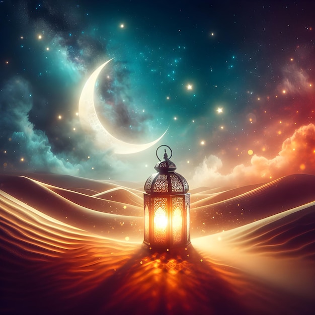 Photo lanterns over the desert with a crescent moon and galaxy in the background ramadan kareem and eid al