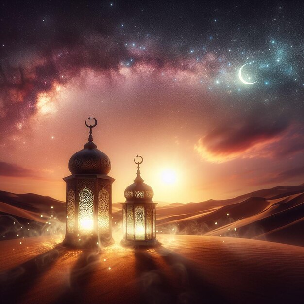 Photo lanterns over the desert with a crescent moon and galaxy in the background ramadan kareem and eid al