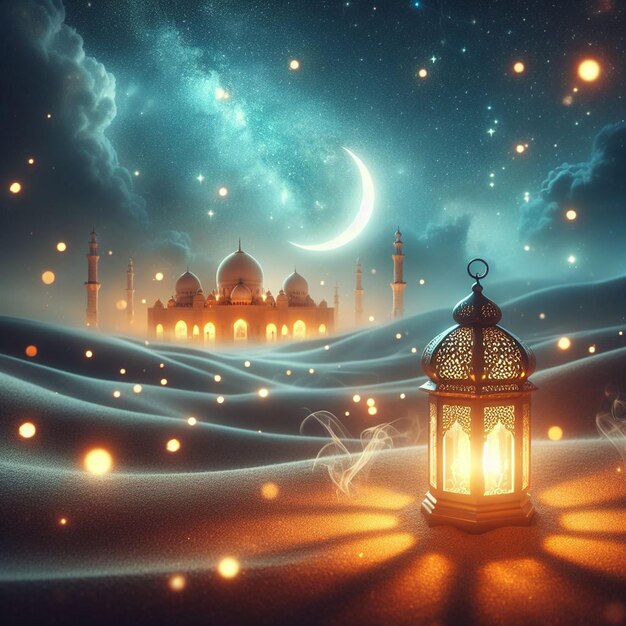Photo lanterns over the desert with a crescent moon and galaxy in the background ramadan kareem and eid al