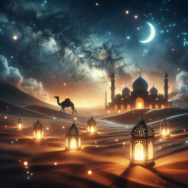 lanterns over the desert with a crescent moon and galaxy in the background Ramadan Kareem and Eid al