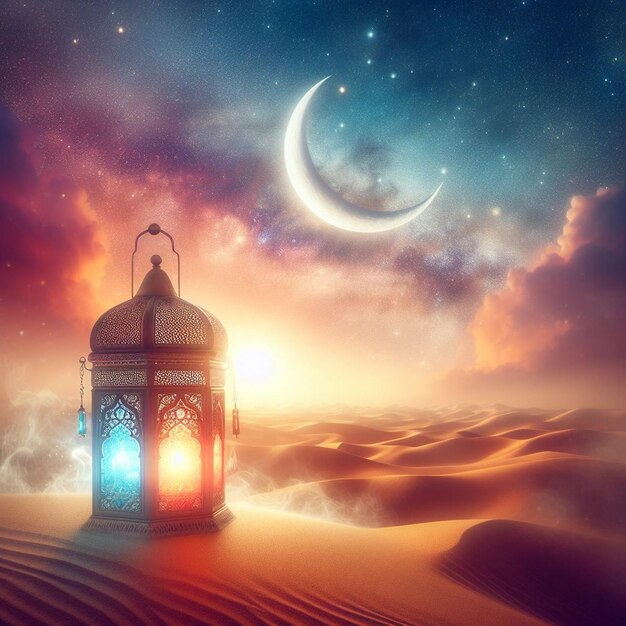 lanterns over the desert with a crescent moon and galaxy in the background Ramadan Kareem and Eid alFitr AI generated