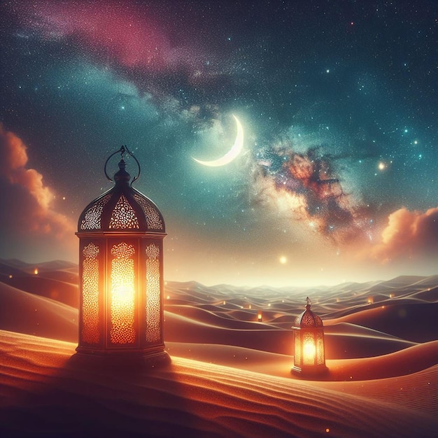 사막 위에 반달과 은하를 배경으로 한 등불, 라마단 카림과 이드 알 피트르 AI 생성