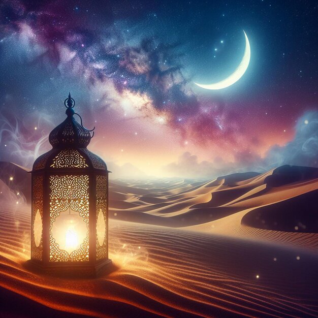 Foto lanterne sul deserto con una mezzaluna e una galassia sullo sfondo ramadan kareem e eid alfitr ai generato