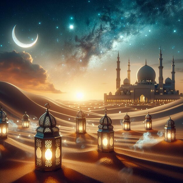 lanterns over the desert with a crescent moon and galaxy in the background Ramadan Kareem and Eid alFitr AI generated